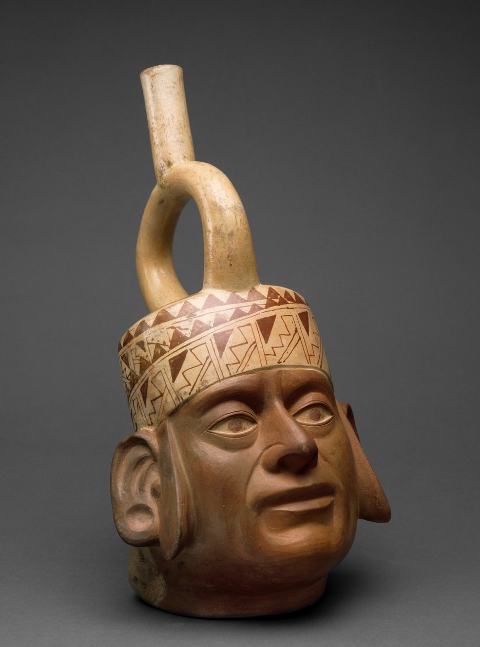 Portræthovedkar, Moche IV, 400-600 (lertøj med bichromt slip-maleri) af Moche