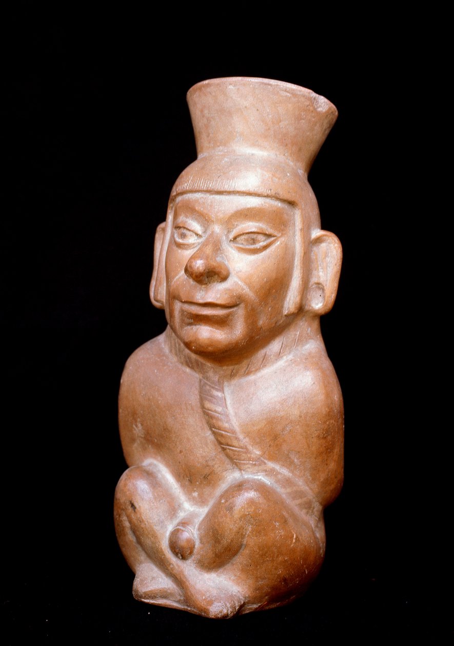 Præcolombiansk kunst, Mochic civilisation (grim, mochica): antropomorf terracottaflaske, der repræsenterer en fange før hans ofring (han bærer et reb om halsen og hænderne bundet i ryggen). 200 f.Kr.-700 e.Kr. Lima, Nationalmuseet for Antropologi og af Moche Moche