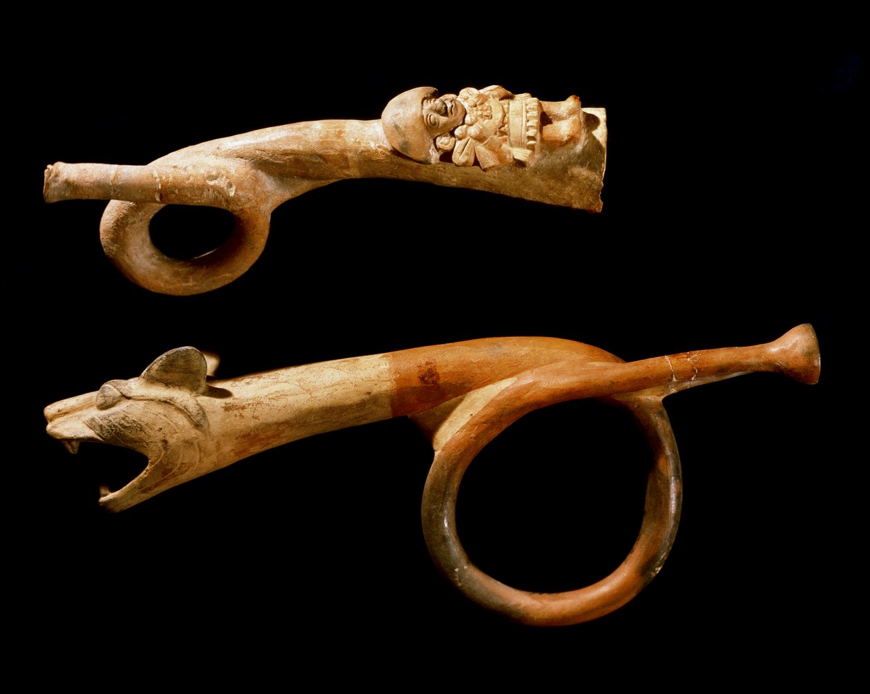 Før colombiansk kunst, Mochica-kultur (grim, monchique): terracottatrompeter. 200-500 e.Kr. Göteborg, etnografisk museum af Moche Moche