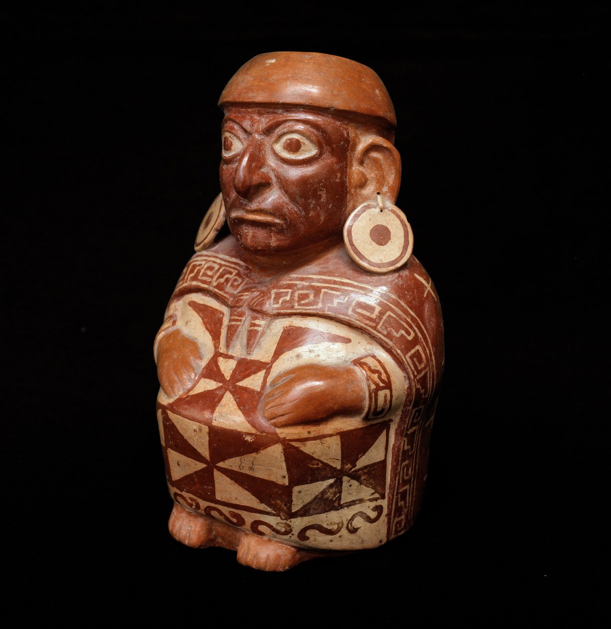 Præcolombiansk kunst, mochic civilisation (grim): vase, der repræsenterer "" tekstilet" - 200 f.Kr.-700 e.Kr. Lima, Nationalmuseet for antropologi og arkæologi, Peru - præcolumbiansk kunst, Moche-civilisation (Mochica-kultur), antropomorfisk flaske: repræs af Moche Moche