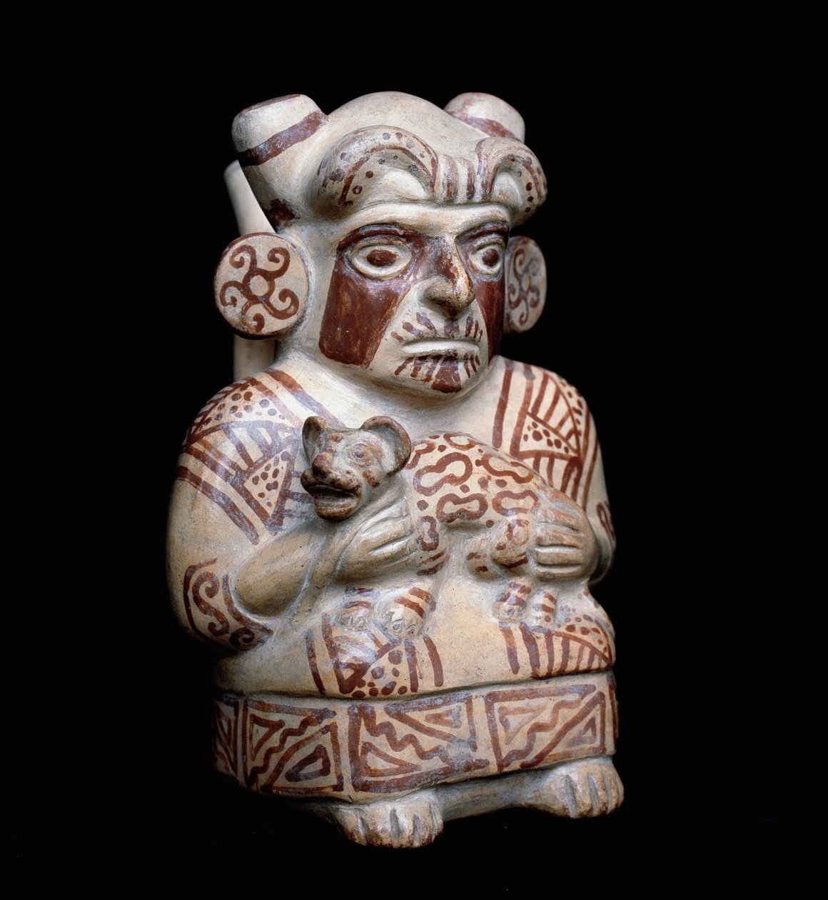 Før colombiansk kunst, moche civilisation (grim, mochica): en Mochica-høvding med en felin i armene. Antropomorf lervase. 200 f.Kr.-700 e.Kr. Lima, Nationalmuseet for antropologi og arkæologi, Peru af Moche Moche