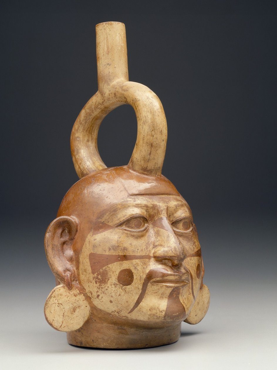 Bøjle-tud kar i form af et mands hoved, c.A.D. 450-550 (keramik) af Moche Moche