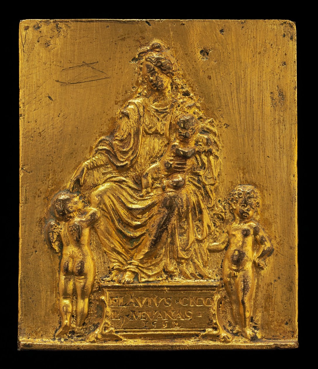 Madonna og barn tronet med to engle, 1552. af Moderno