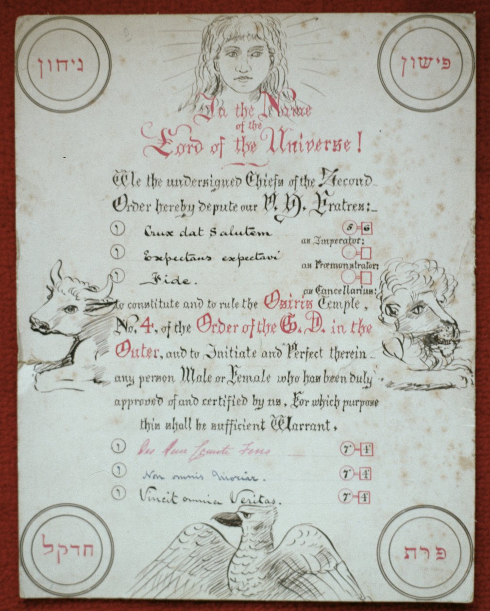 Charter for Osiris-templet nr. 4 af Hermetic Order of the Golden Dawn, 1888 (pen og blæk på kort) af Moina Mathers
