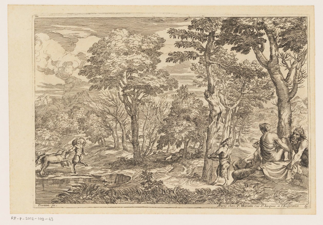 Skovlandskab med satyrer Landskaber efter Titian (serietitel) af Moise Jean Baptiste Fouard