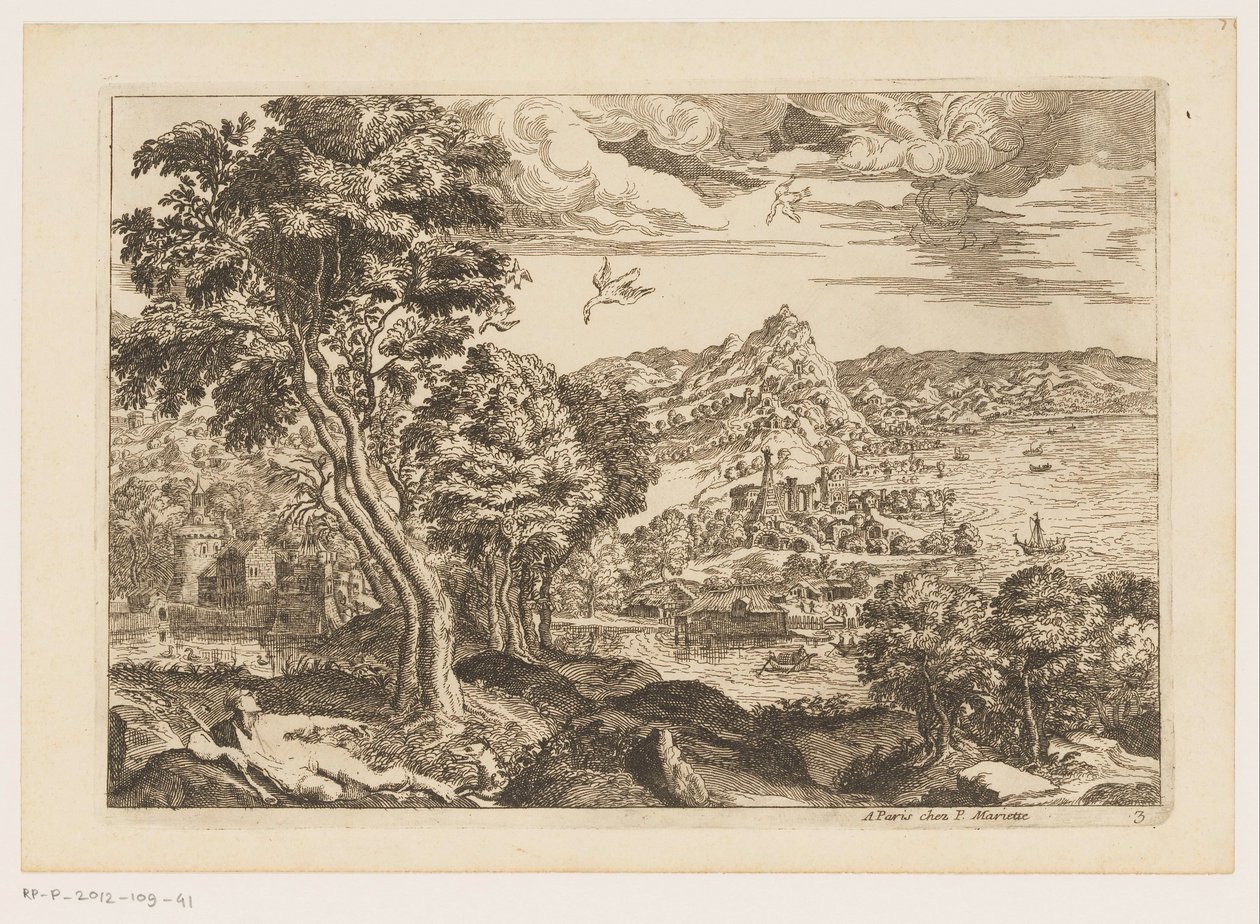 Kystlandskab med flyvende fugle Landskaber efter Titian (serietitel) af Moise Jean Baptiste Fouard