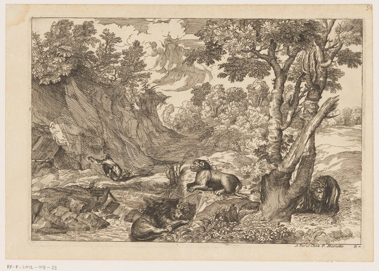 Landskab med den angrende Hieronymus og tre hvilende løver Landskaber efter Titian (serietitel) af Moise Jean Baptiste Fouard
