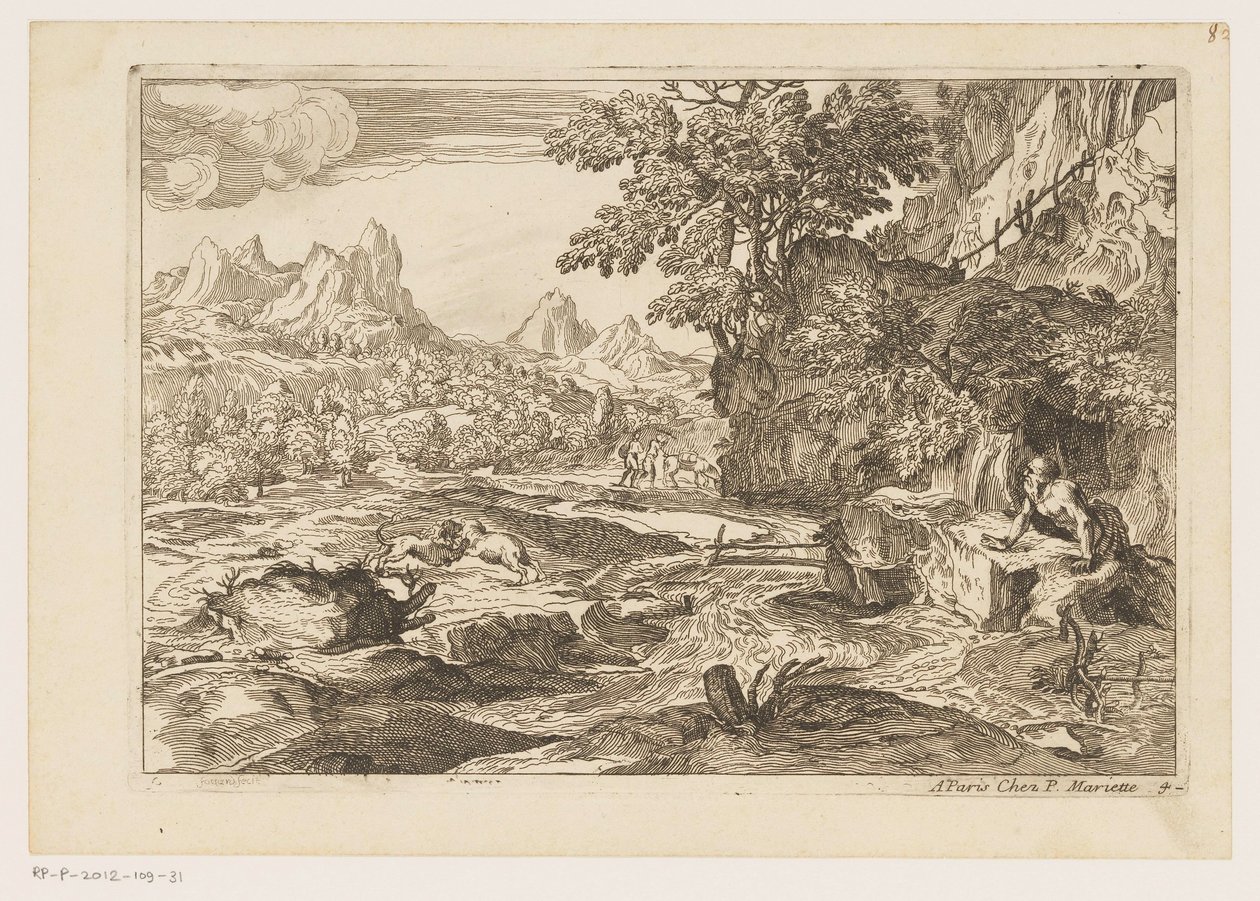 Landskab med Saint Jerome med to kæmpende løver Landskaber efter Titian (serietitel) af Moise Jean Baptiste Fouard