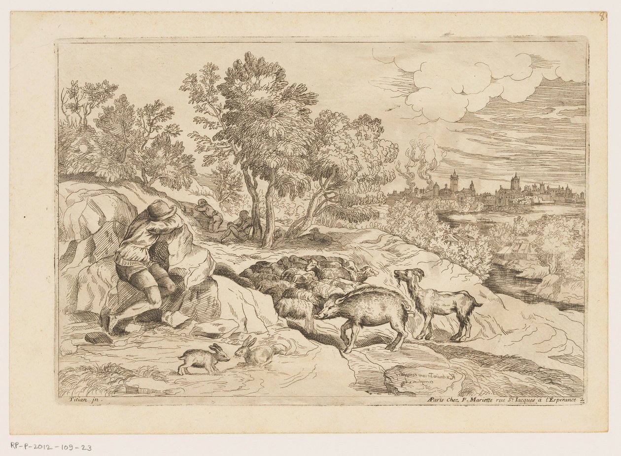 Landskab med tre hyrder hvilende med en flok Landskaber efter Titian (serietitel) af Moise Jean Baptiste Fouard