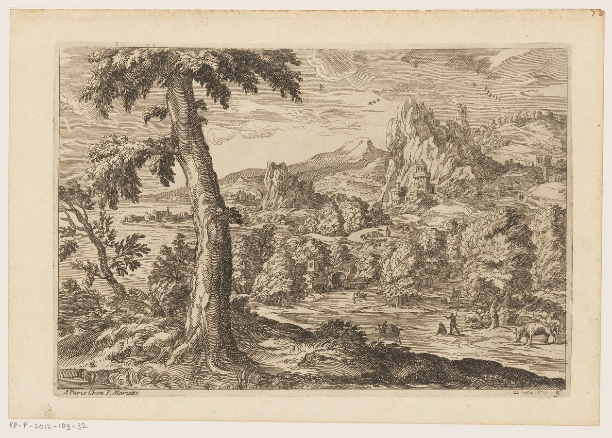 Landskab med figurer langs en flod Landskaber efter Titian (serietitel) af Moise Jean Baptiste Fouard