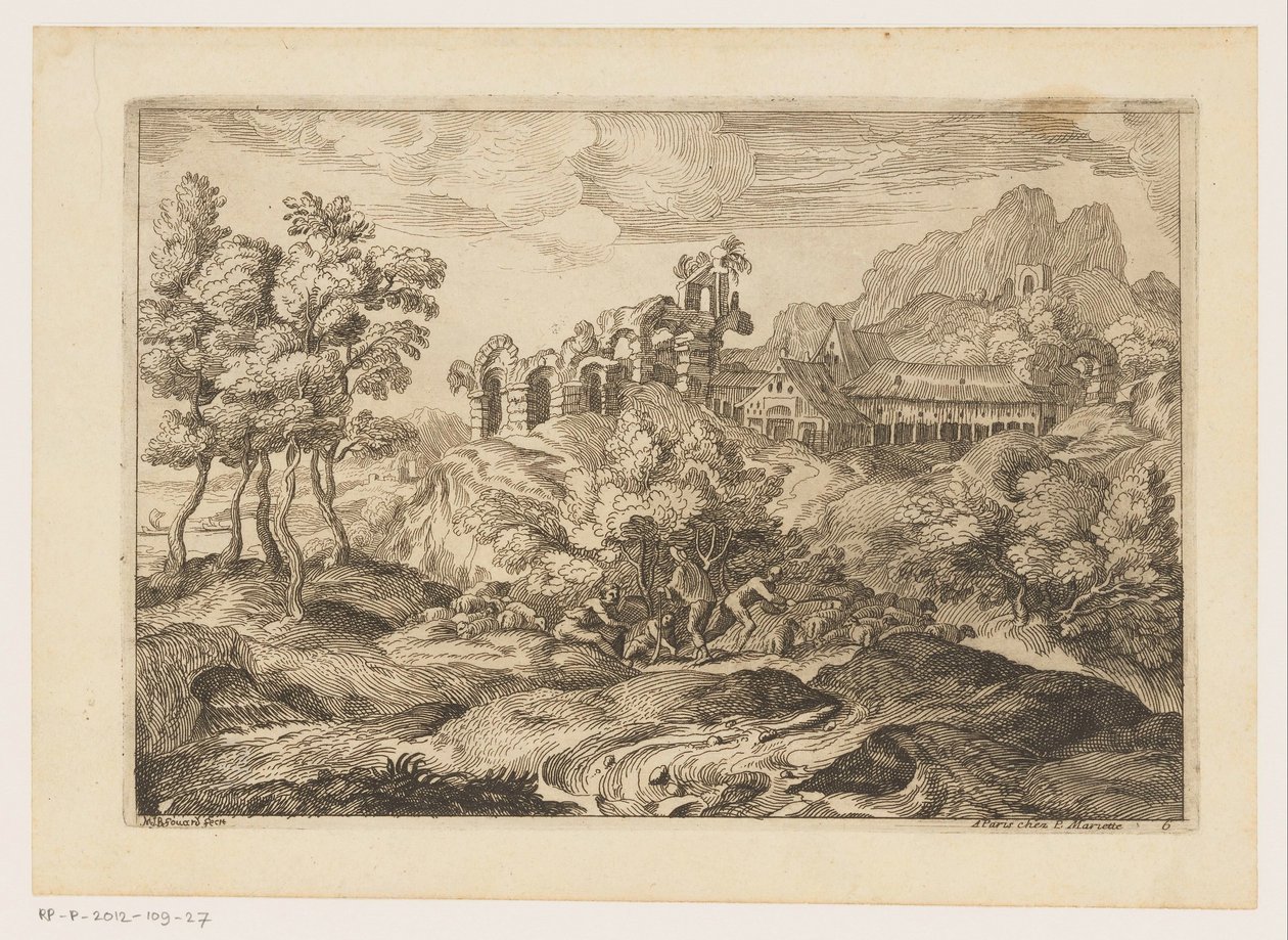 Landskab med hyrder med en flok ved en ruin Landskaber efter Titian (serietitel) af Moise Jean Baptiste Fouard
