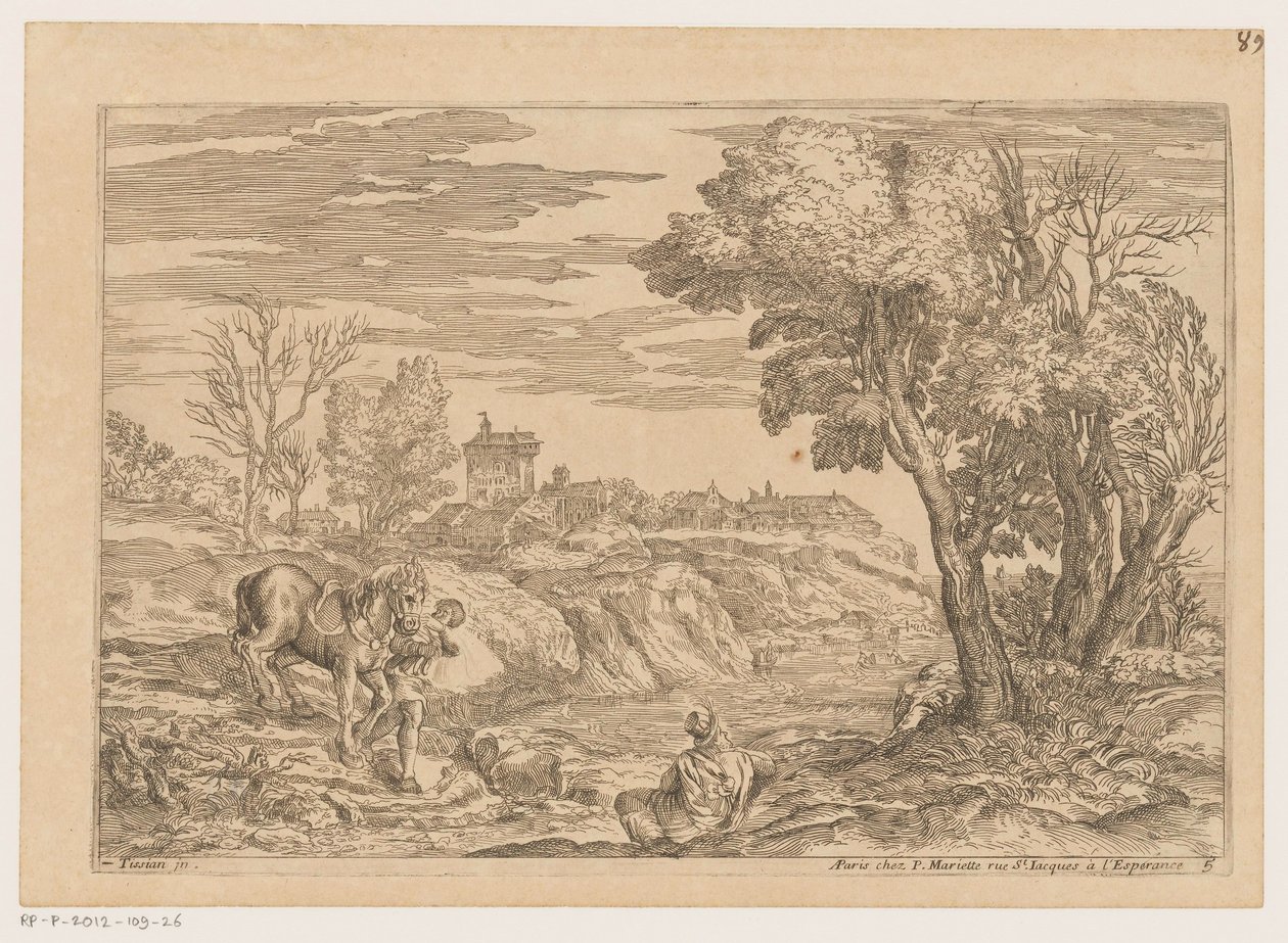 Landskab med en mand med en hest, der krydser en flod Landskaber efter Titian (serietitel) af Moise Jean Baptiste Fouard