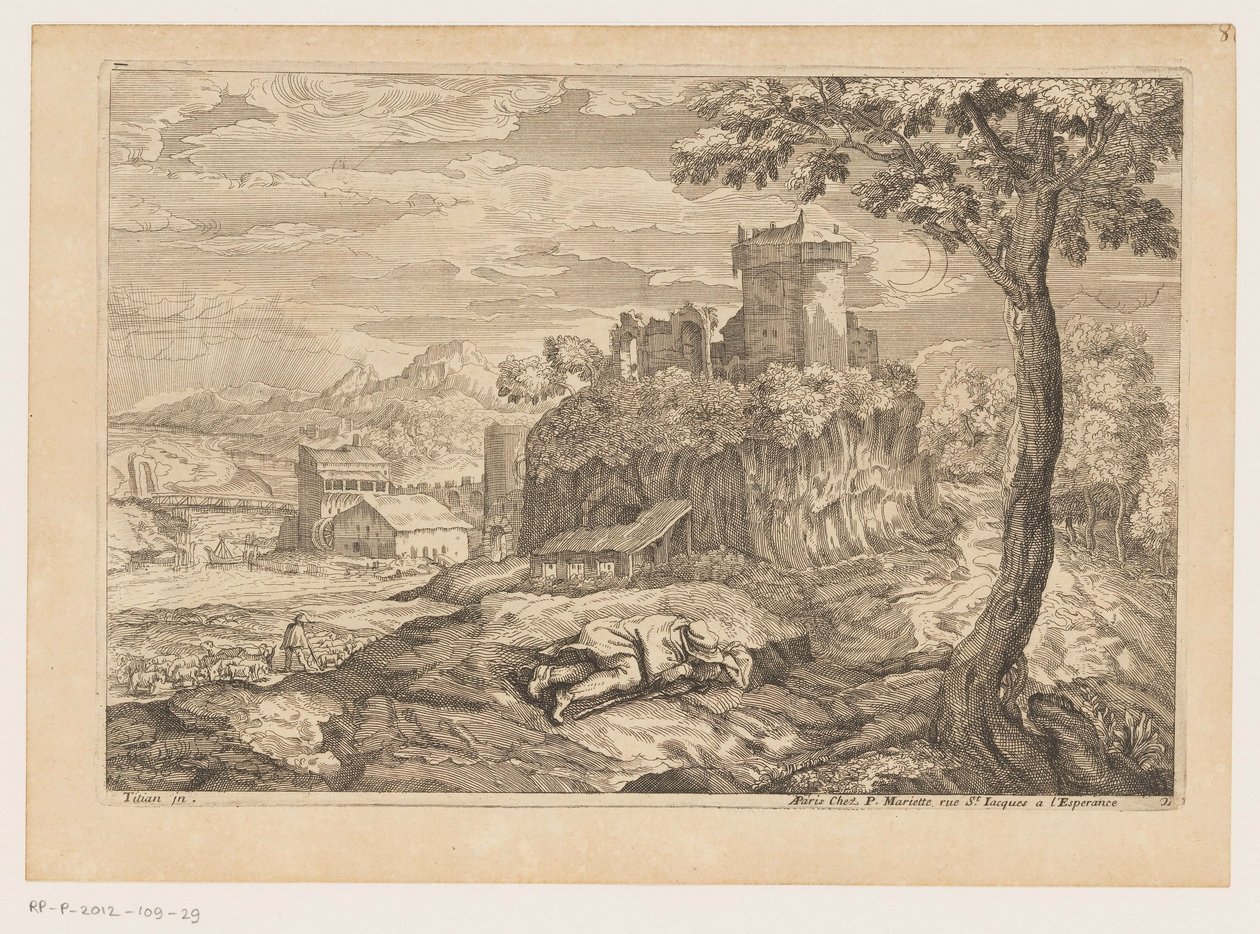 Landskab med en hvilende hyrde, i baggrunden en flod med bro og vandmølle Landskaber efter Titian (serietitel) af Moise Jean Baptiste Fouard