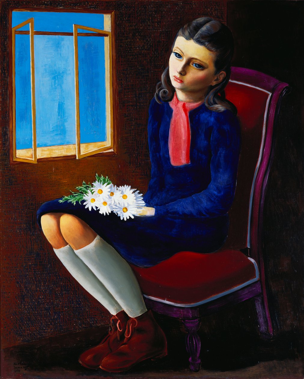 En ung pige sidder sammen med Marguerites af Moise Kisling