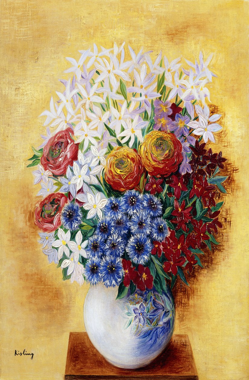 Blomsterbuket på gul baggrund; Bouquet au Fleurs sur Fond jaune, ca. 1934 (olie på lærred) af Moise Kisling