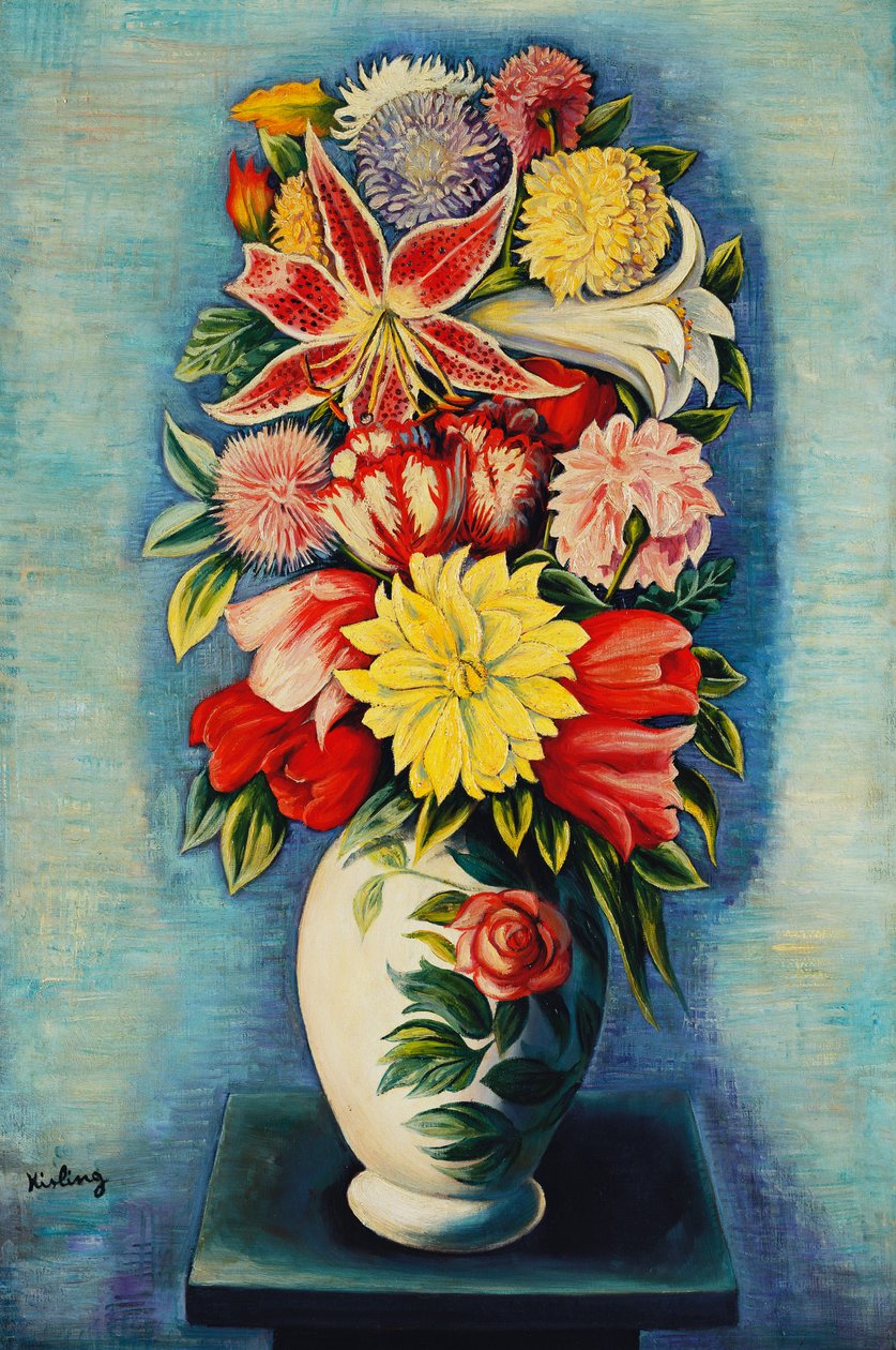 Blomster: Dahliaer, tulipaner og liljer; Bouquet de Fleurs: Dahliaer, tulipaner, liljer og liljeblomster af Moise Kisling