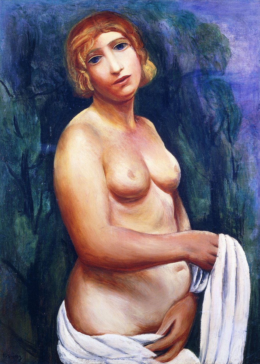 Nøgen med hvidt forhæng; Nu au drap blanc, 20. århundrede (olie på lærred, ramme) af Moise Kisling