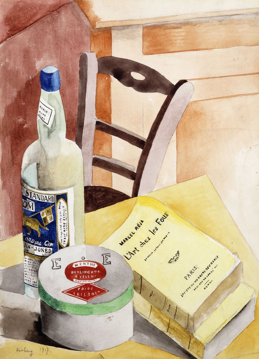 Stilleben med flasker og bøger; Nature Morte a la Bouteilles aux Livres af Moise Kisling