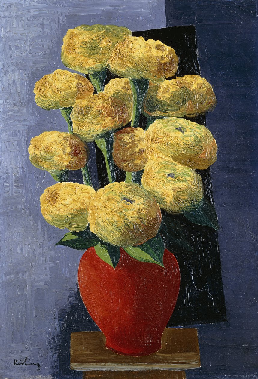 Gule blomster i en rød vase; Fleurs Jaunes dans un Vase Rouge af Moise Kisling