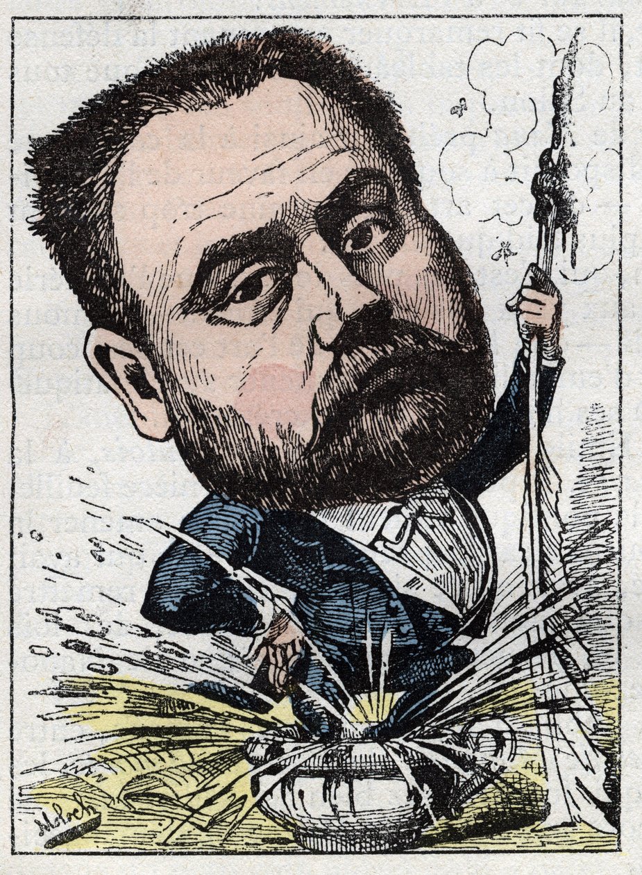 Portræt af Emile Zola (1840-1902) fransk forfatter i "" Le Trombinoscope"" af Touchatout, karikatur af B. Moloch fra 1882 (1849-1909). Privat samling. af Moloch