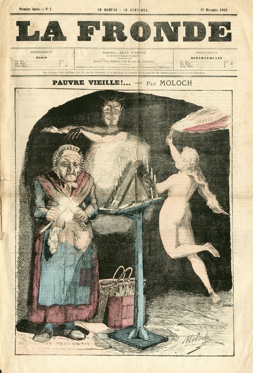 Omslag til “La Fronde (1869-1870)”, nummer 7, satirisk i farver af Moloch
