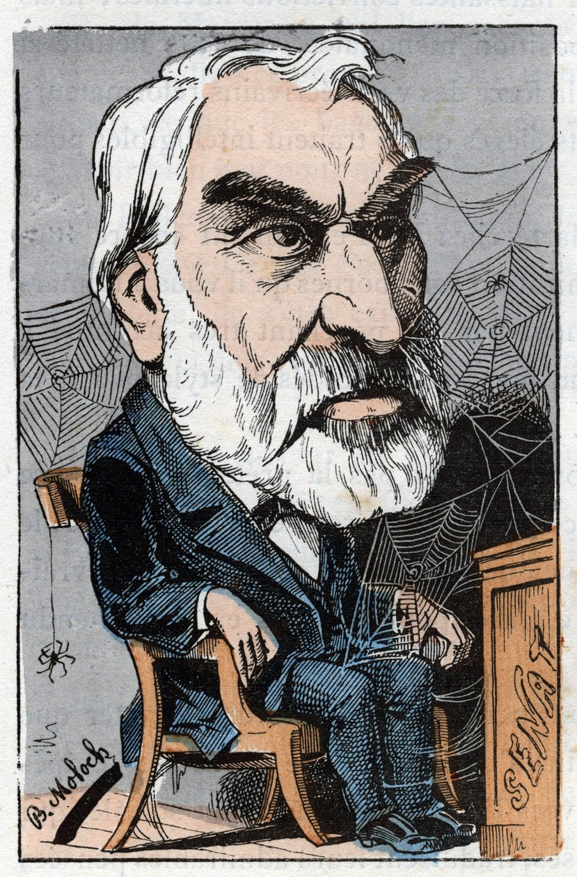 Eugene Pelletan (1813-1884), fransk litterær journalist og politiker i "Le Trombinoscope"" af Touchatout, tegneserie af B. Moloch fra 1882 (1849-1909). Privat samling. af Moloch