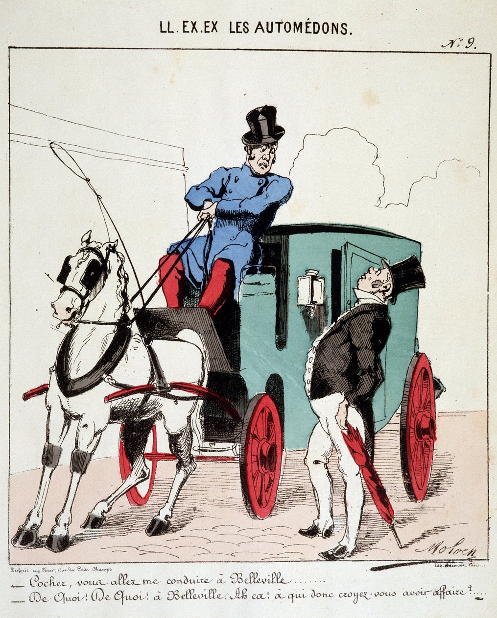 HAN. EX. EX. Motoredons: Tegneserie af transport i byen. En kusk nægter at tage en borgerlig med til Belleville (Quartier de Paris). Tegning af Moloch (1849-1909), omkring 1860. af Moloch
