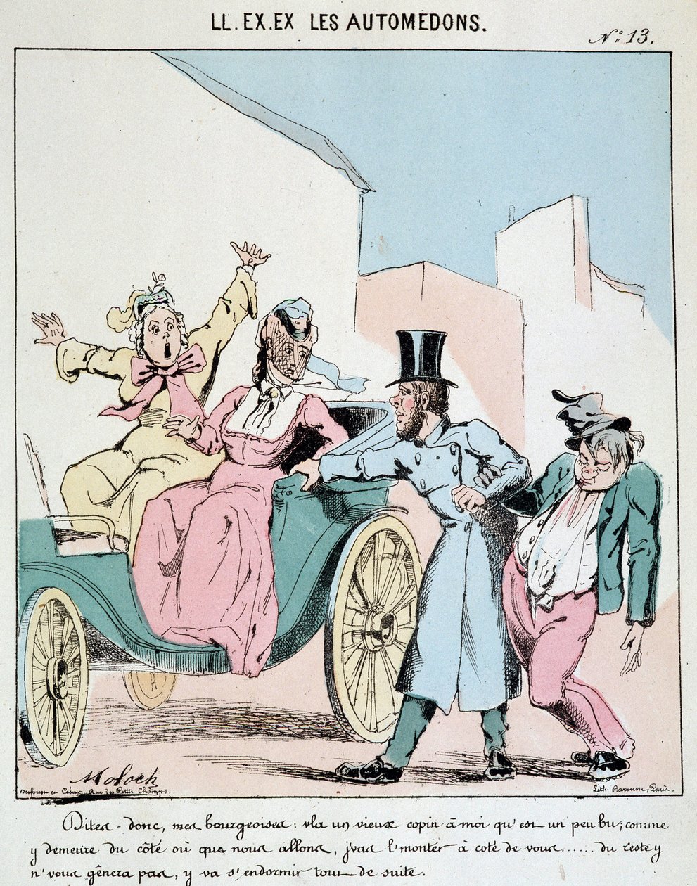 HAN. EX. EX. Motoredons: Tegneserie af transport i byen. En kusk tager en fuld ven ind i vognen ved siden af to forfærdede borgerlige kvinder. Tegning af Moloch (1849-1909), omkring 1860. af Moloch