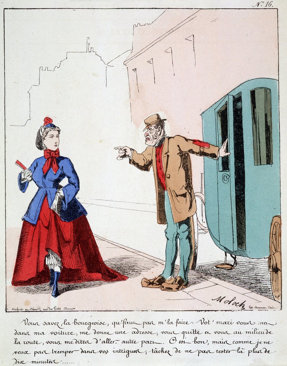 HAN. EX. EX. Motoredons: Tegneserie af transport i byen. Kusken irettesætter en borgerlig, der går i parken, mens hendes mand bad chaufføren om at køre hende til et andet sted. Tegning af Moloch (1849-1909), omkring 1860. af Moloch