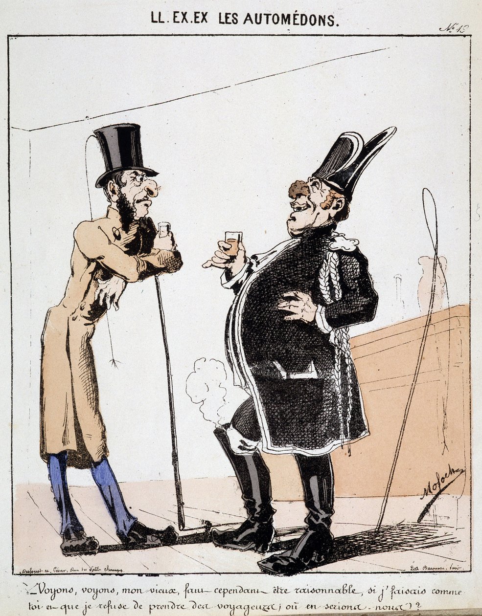 HAN. EX. EX. Motoredons: Tegneserie af transport i byen. To cochere taler over et glas alkohol i stedet for at tage passagerer. Tegning af Moloch (1849-1909), omkring 1860. af Moloch