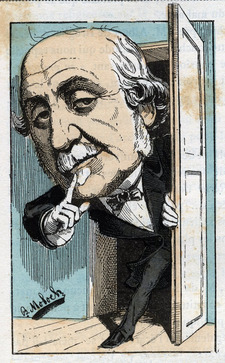 Portræt af Albert, hertug af Broglie (1821-1901), fransk historiker og politiker i "Le Trombinoscope"" af Touchatout, tegneserie af B. Moloch fra 1882 (1849-1909). Privat samling. af Moloch