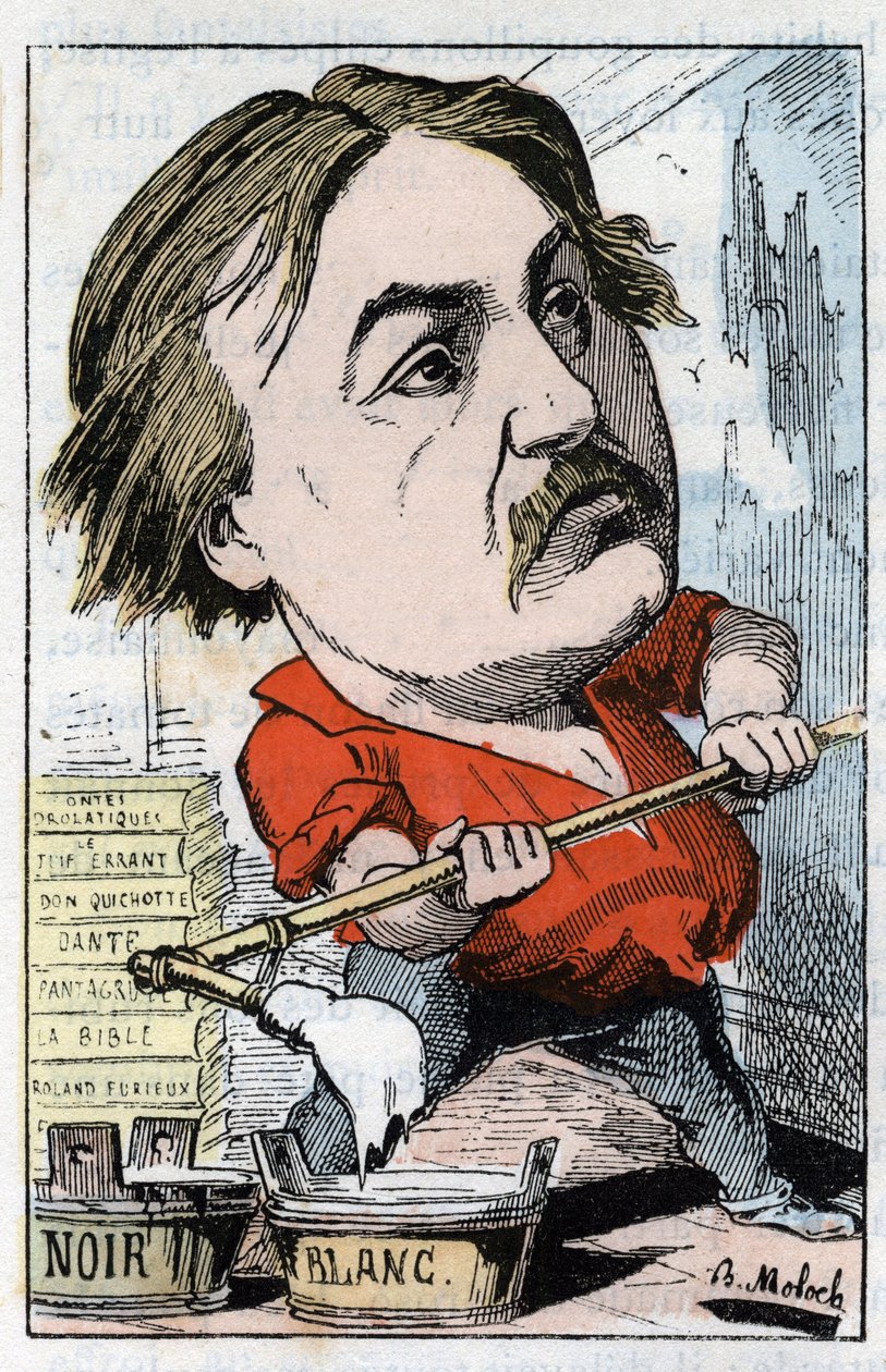 Portræt af Gustave Dore, tegner og gravør 1832-1883 i "" Le Trombinoscope"" af Touchatout, karikatur af B. Moloch fra 1882 (1849-1909). Privat samling. af Moloch