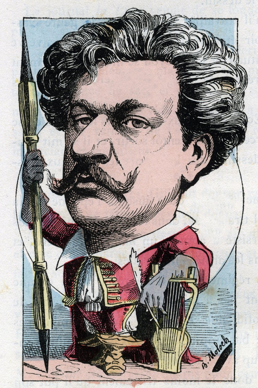 Portræt af Louis Alexandre Gosset de Guines dit Andre Gill (1840 - 1885) fransk digtermaler i "" Le Trombinoscope"" af Touchatout, tegneserie af B. Moloch fra 1882 (1849-1909). Privat samling. af Moloch