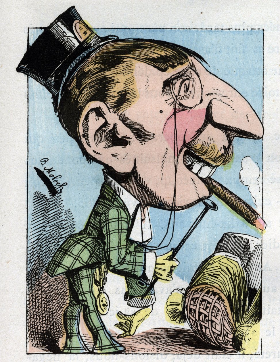 Portræt af en "" gummiagtig "" ung mand har en uhyrlig elegance og begrænset til latterliggørelse (dandy, elegant, fishy, tyktflydende) i "" Le Trombinoscope"" af Touchatout, karikatur af B. Moloch fra 1882 (1849-1909). Privat samling. af Moloch