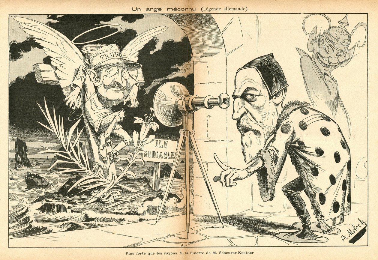 Billedet til latter, nummer 4, omkring 1897_11_13 - Illustration af Alphonse Hector Columbus, kendt som B. Moloch eller Moloch (1849-1909): En ukendt engel - Dreyfus-affæren, Djævleøen - Dreyfus Alfred, Scherer-Kestner Auguste af Moloch