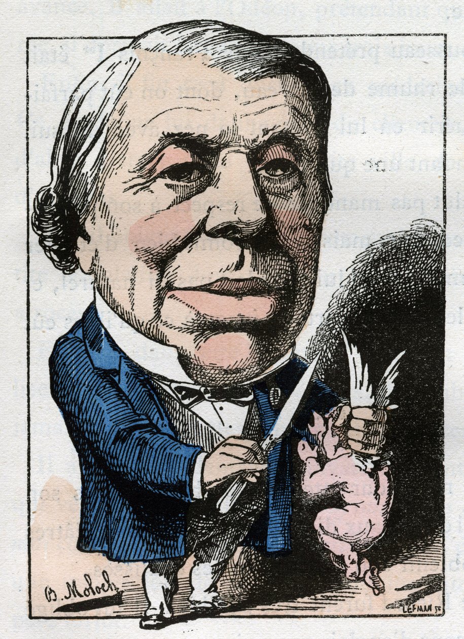 portræt af Philippe Ricord (1800-1889), fransk kirurg i "" Le Trombinoscope"" af Touchatout, tegneserie af B. Moloch fra 1882 (1849-1909). Privat samling. af Moloch