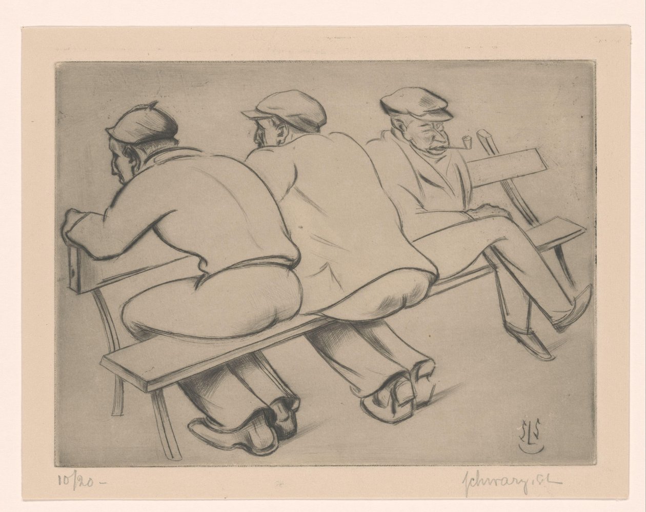 Tre mænd på en sofa af Mommie Schwarz (signed by artist)