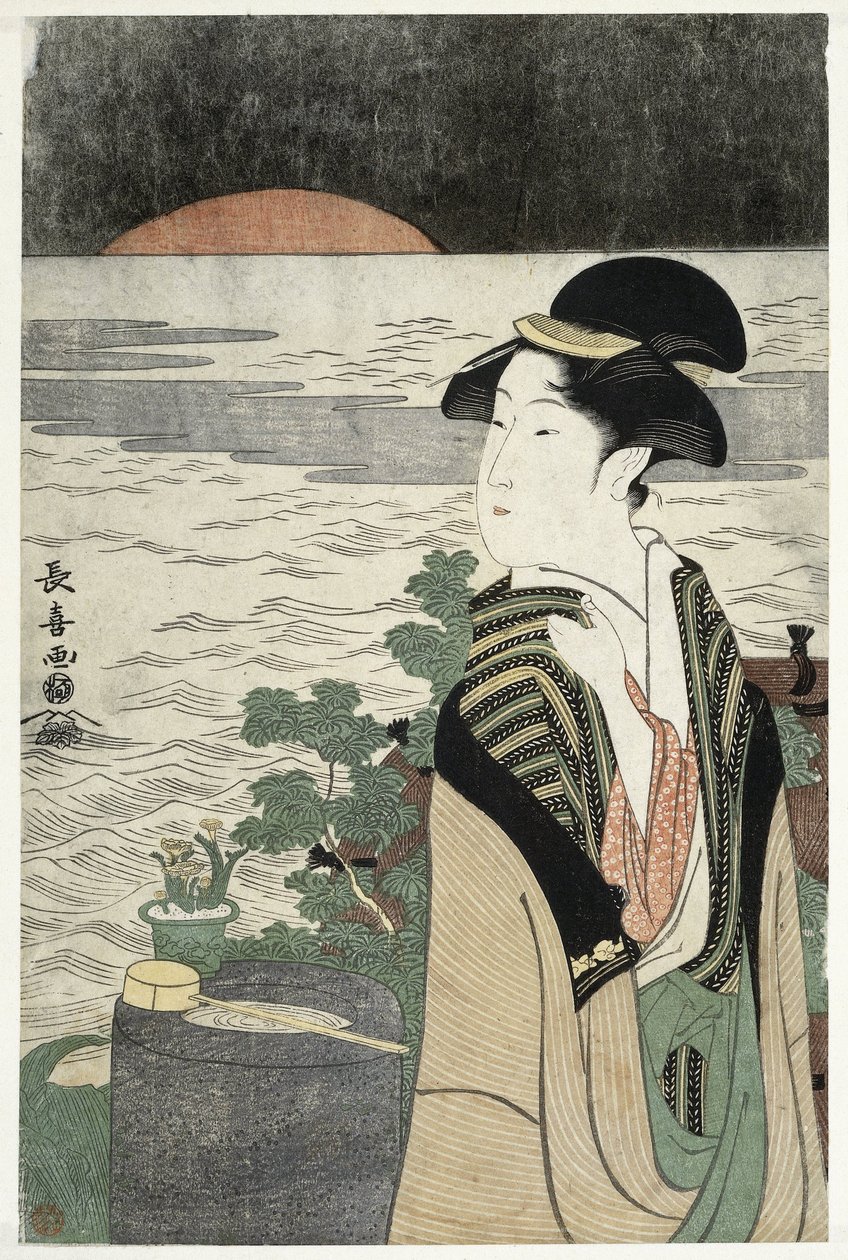 Ung kvinde ved solopgang af Momokawa Chôki