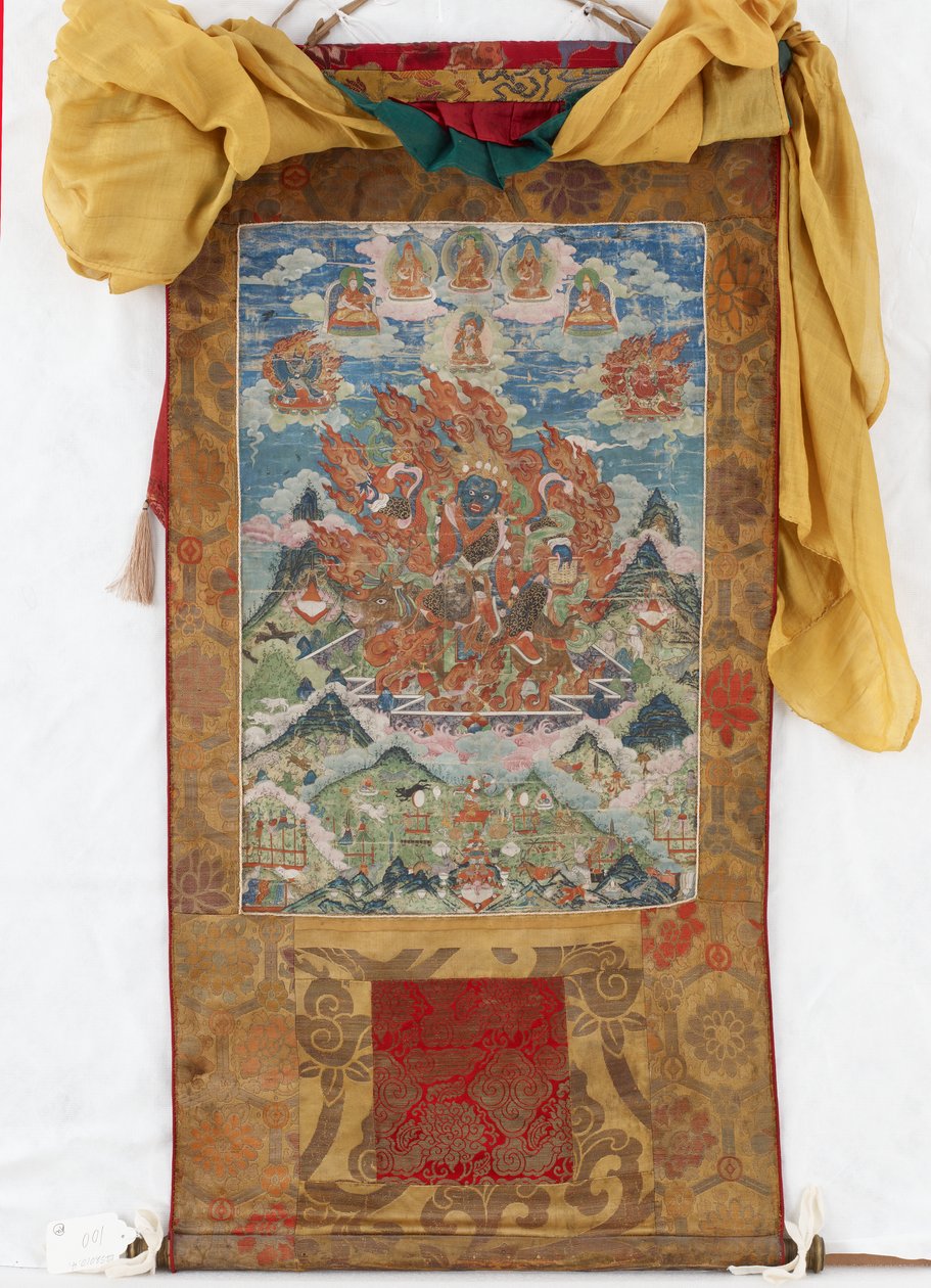 Damjen Garwa Nagpo, midten af det 19. århundrede (mineralpigmenter på størrelse bomuld, originale Qing-brokadebeslag, originalt støvbetræk, mongolske kvaster og stang med hætter) af Mongolian School
