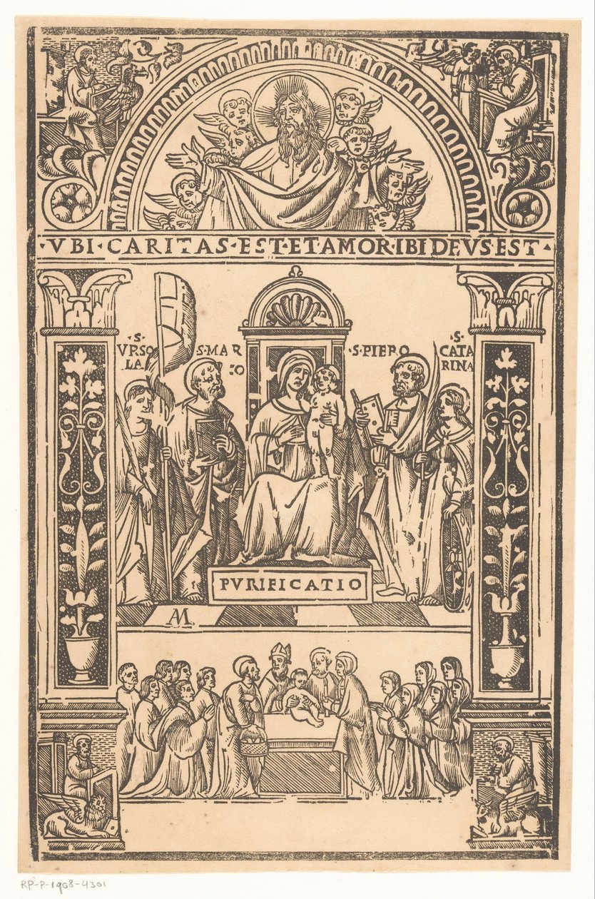 Maria med barn og hellige Hellig Samtale Sacra-samtale af Monogrammist AM (prentmaker 16e eeuw)
