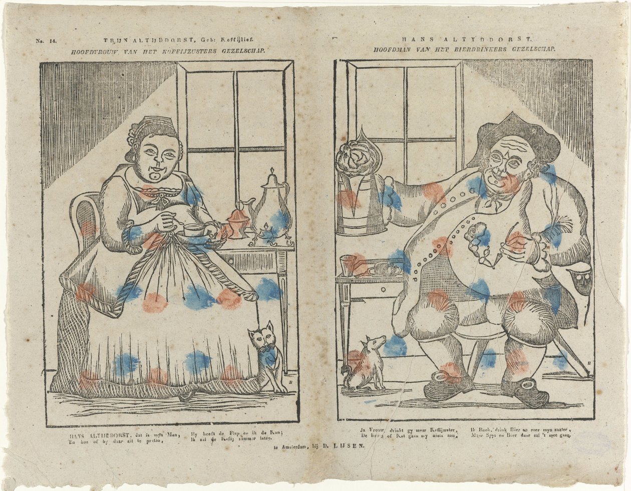 Trijn Antijddorst, Geb: Kaffekærlighed. / Leder af kaffesøsterselskabet. / Hans Altyddorst. / Leder af øldrikkerfirmaet (titel på objekt) af Monogrammist B (prentmaker)