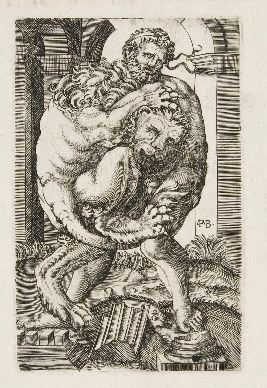 Hercules og Nemean Lion af Monogrammist B