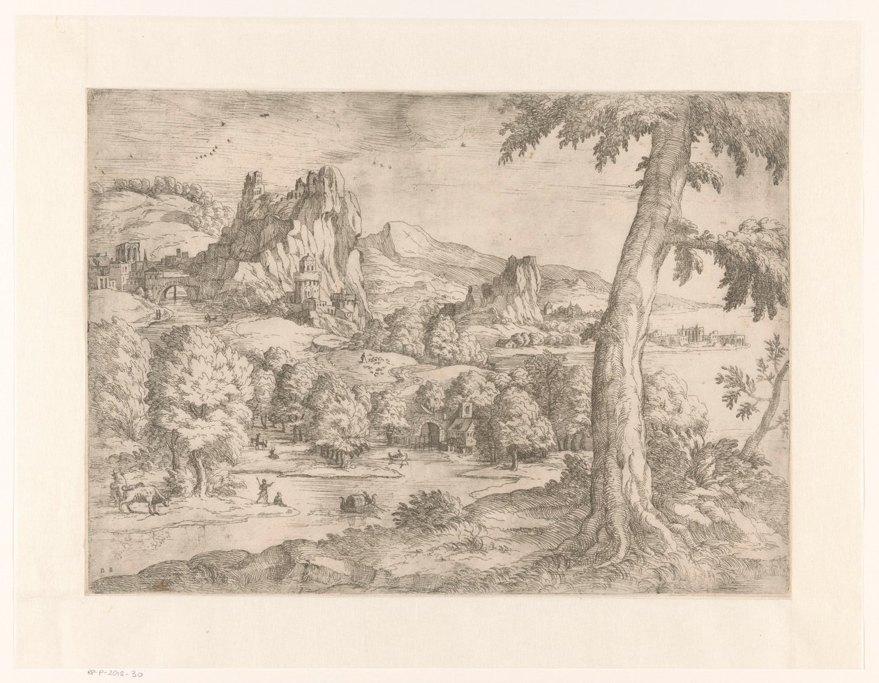 Panoramalandskab med stort træ af Monogrammist DB (etser 16de eeuw)