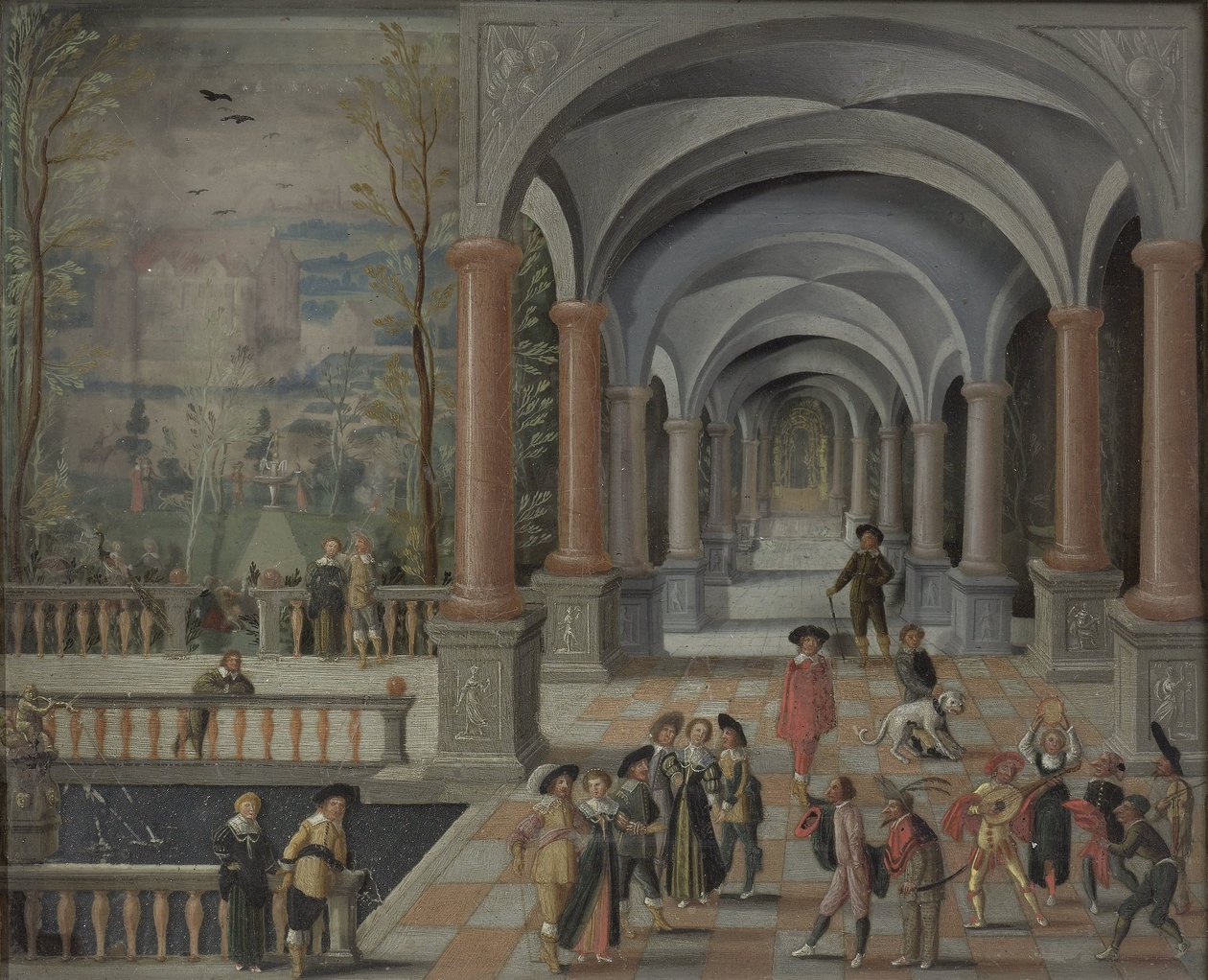 Festlig sammenkomst og figurer fra en Commedia dell