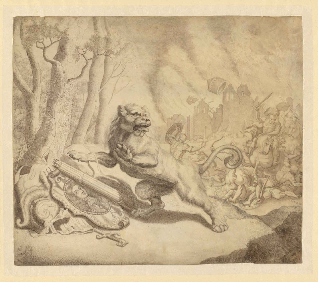Den hollandske løve søger hjælp hos William III, 1672 af Monogrammist ESB (tekenaar) (signed by artist)