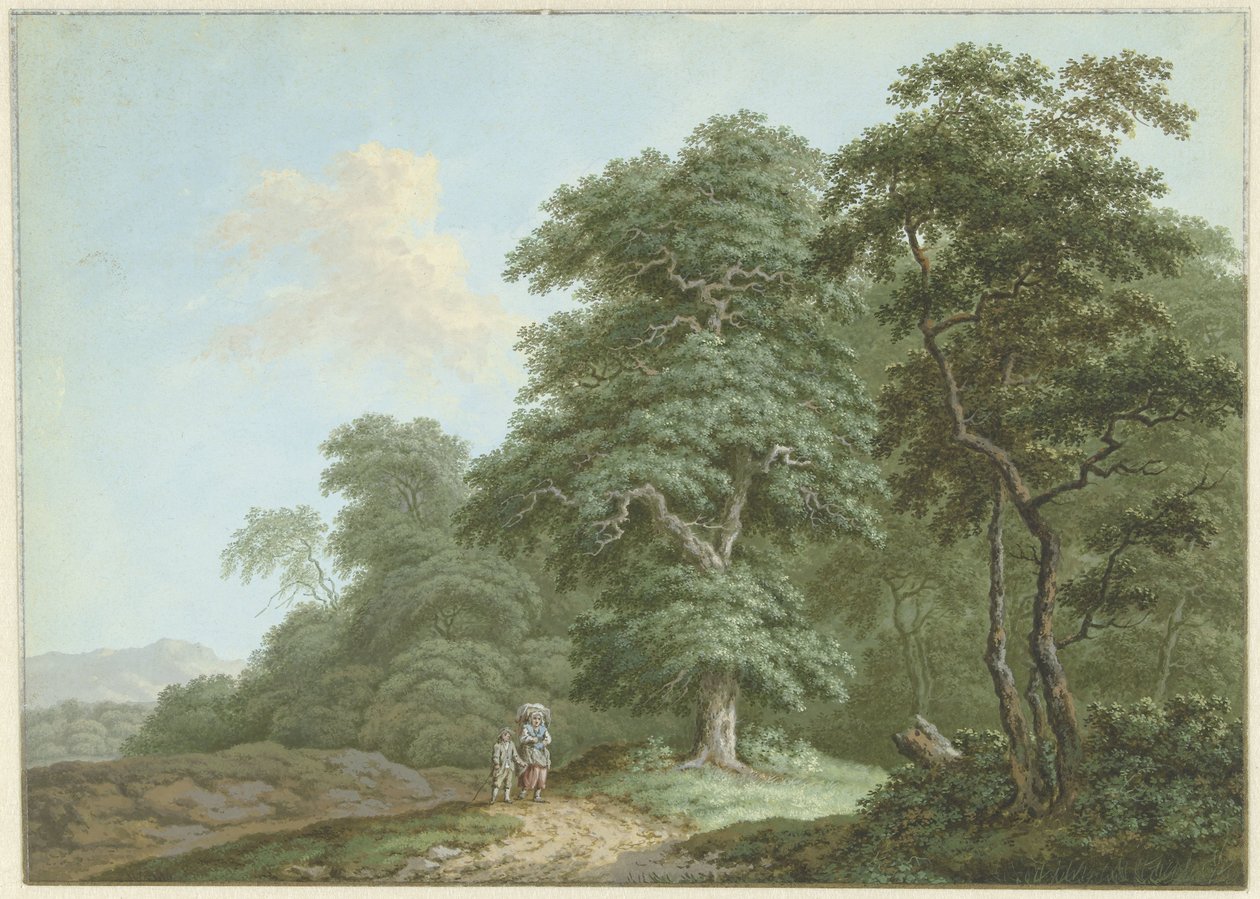 Landskab med en kvinde og en dreng på en landevej af Monogrammist FWH (possibly)