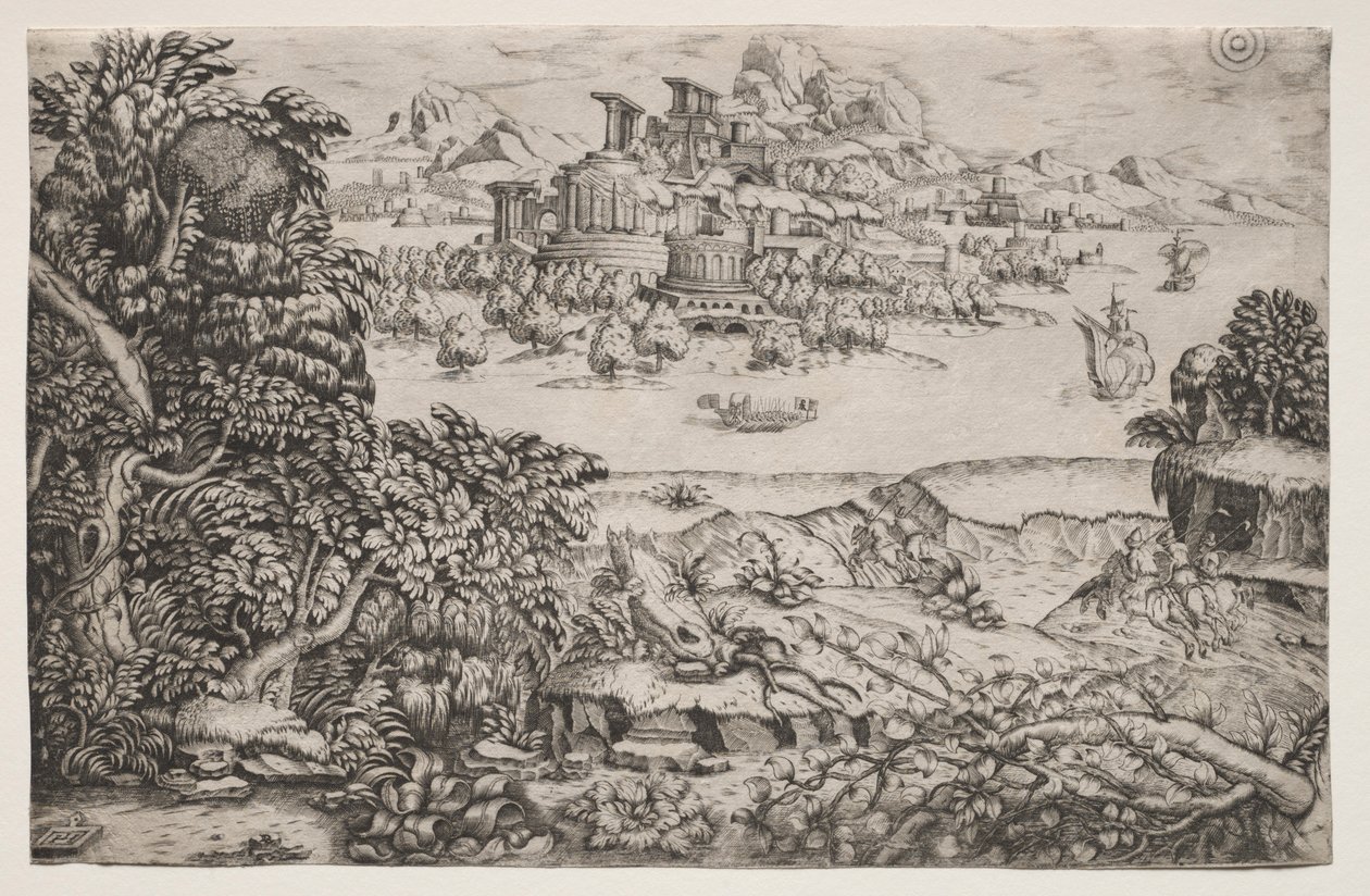 Landskab med et tempel over en sø, 1500-tallet. af Monogrammist HI