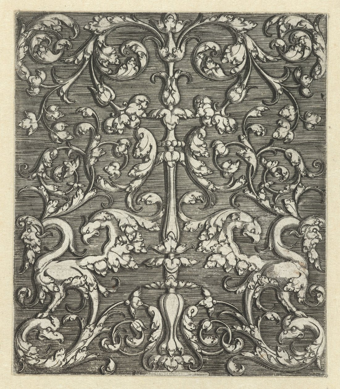 Ornament med to fantasidyr og lysestage af Monogrammist IG