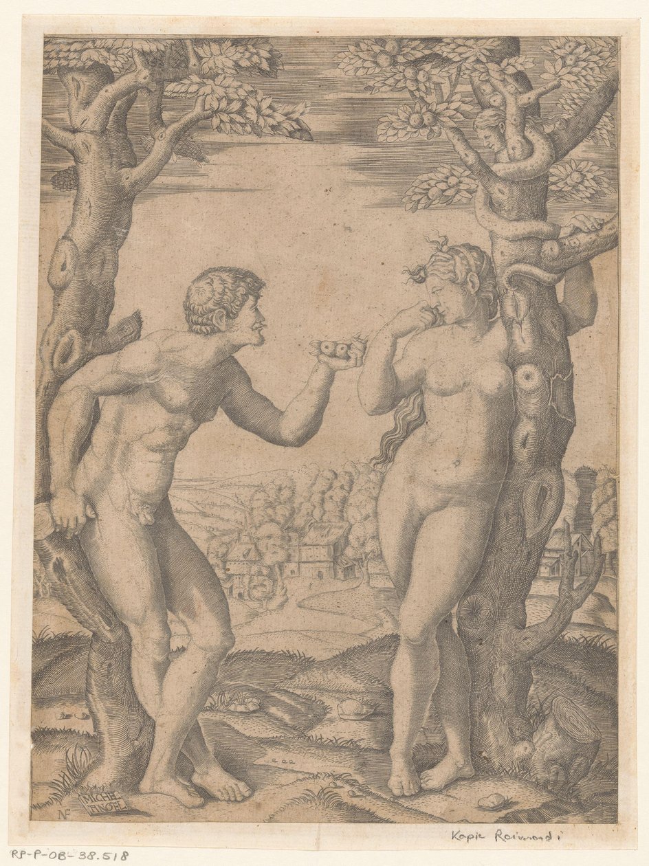 Adams og Evas fald ved træet til kundskab om godt og ondt med slange af Monogrammist NF (graveur)