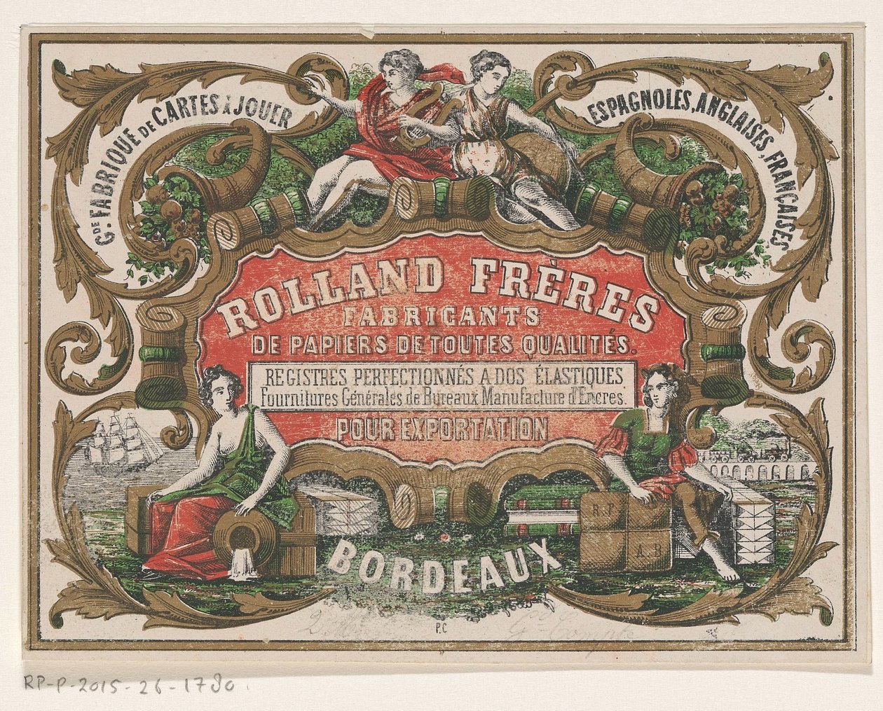 Visitkort fra Rolland Frères, papirproducent i Bordeaux af Monogrammist PC (lithograaf)
